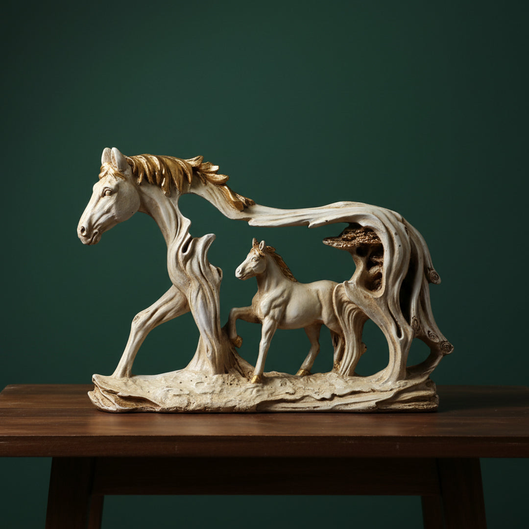 Horse showpiece with mare and foal in wood-style design for living room decor