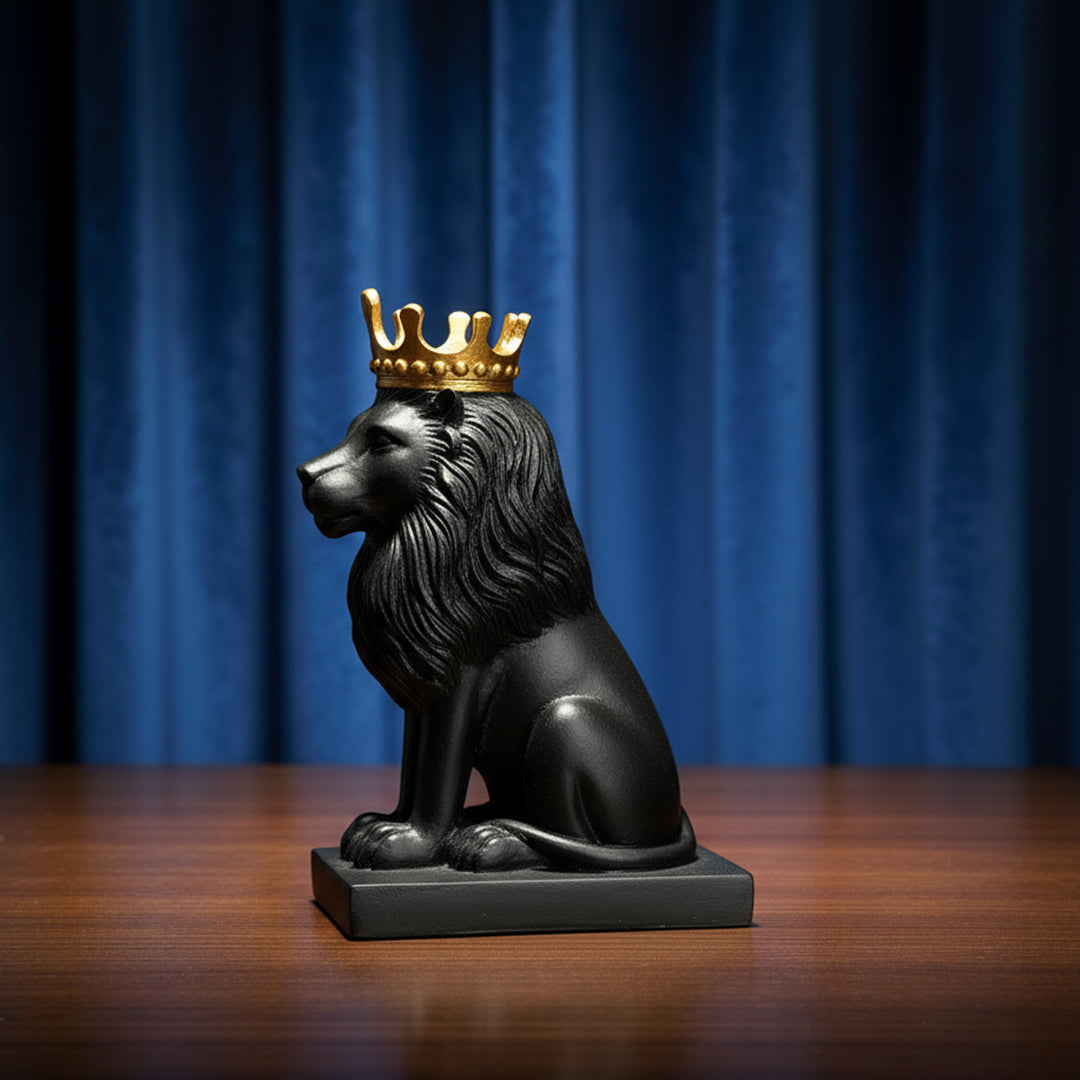 Royal black lion figurine with gold crown for table decoration