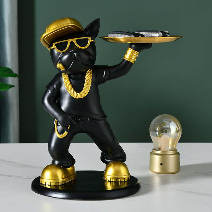 Hip-hop style bulldog figurine with gold sunglasses, chain, and tray for modern home decor