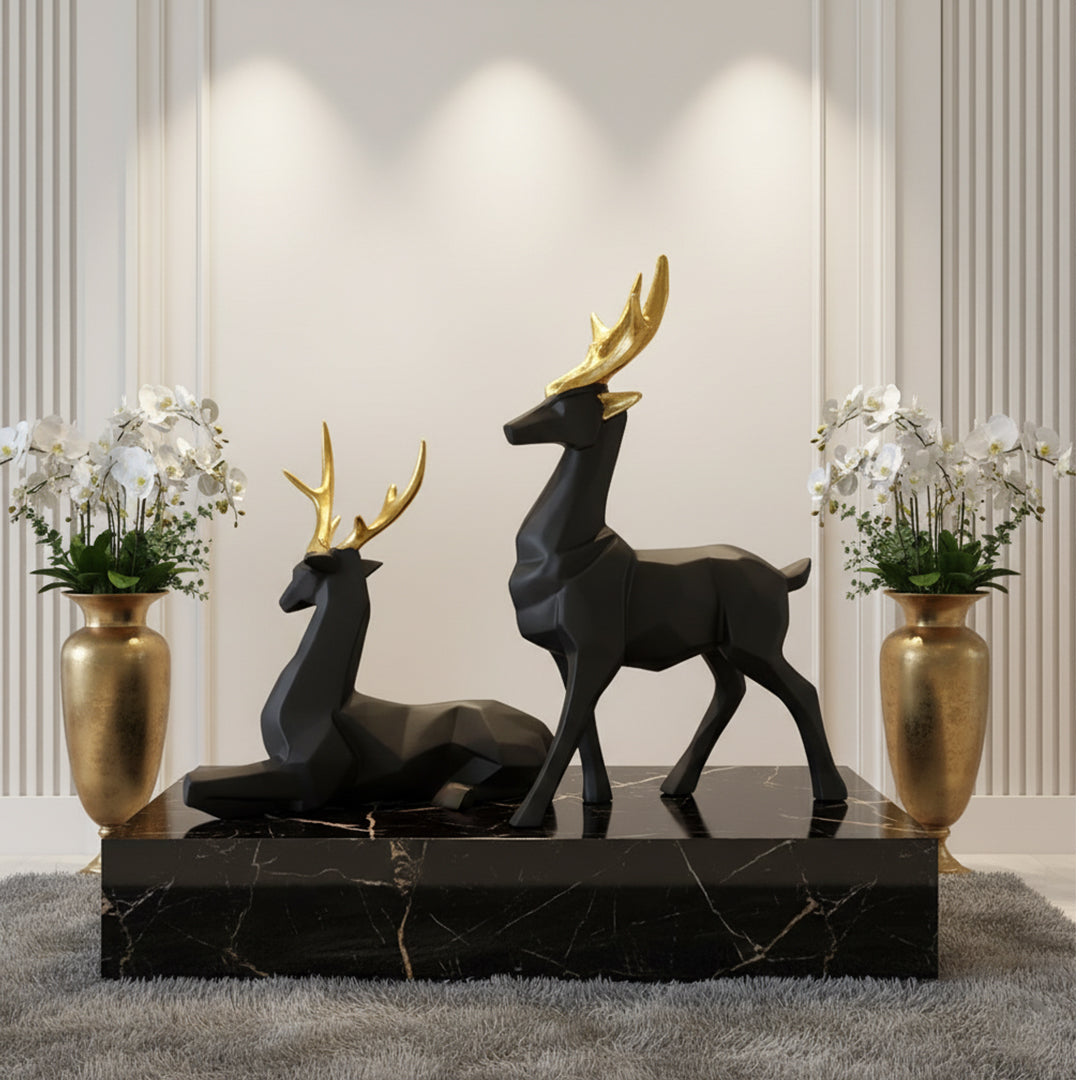Luxury black and golden deer showpiece for modern home decor, perfect table decoration and elegant room decor item by Divoma