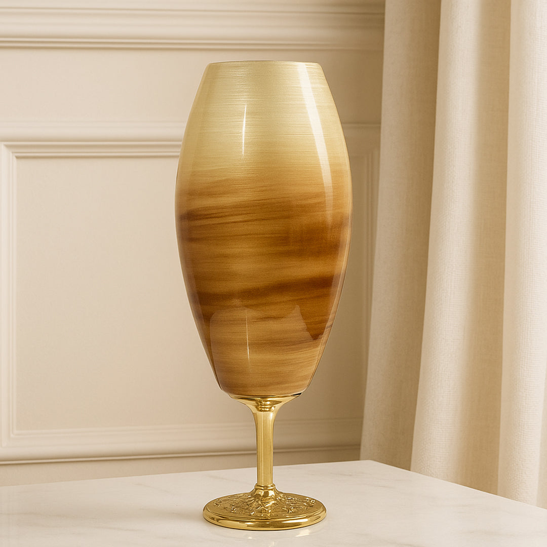 Elegant golden brown designer vase with metallic base, perfect for living room decoration, luxury home interiors, and table centerpieces