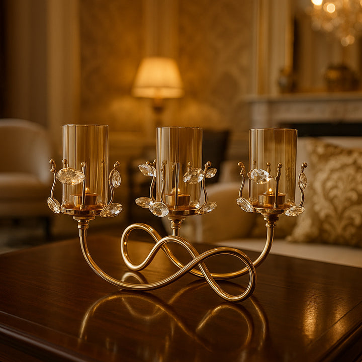 Elegant golden candle holder with crystal accents for home decor, perfect for table decoration, Diwali lighting, and luxury interiors