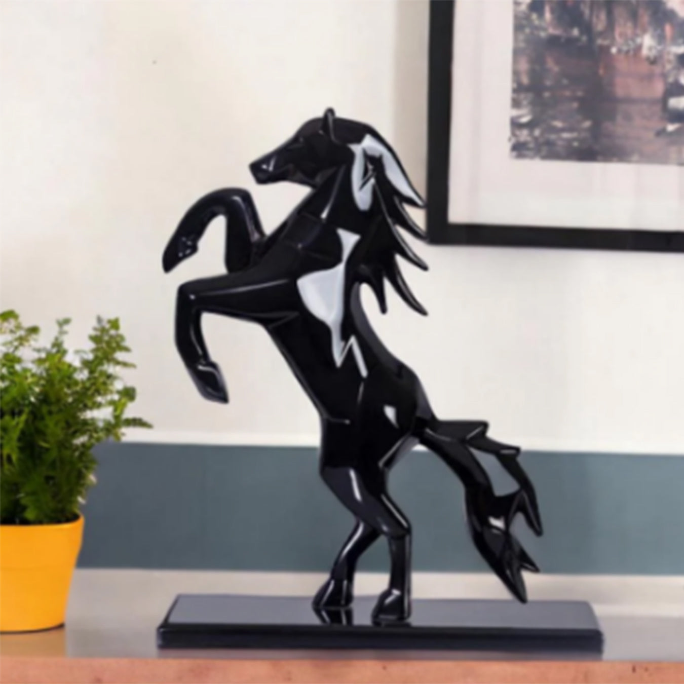 Modern art-style horse figurine in glossy black finish, unique home decor showpiece.