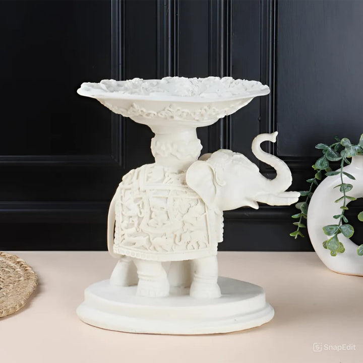 Beautiful handcrafted white elephant statue for table decoration and living room styling.