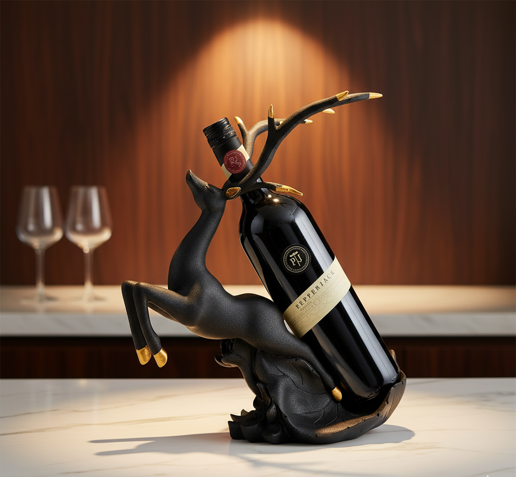 Artistic deer design wine bottle holder adding sophistication to bar or dining area